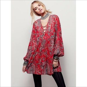 Free People Rain or Shine Boho Red Lace Up Dress Size Extra Small EUC
